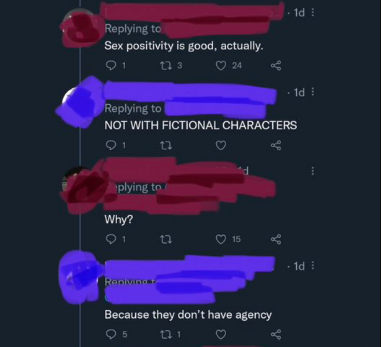 “Sex positivity is good actually.” “NOT WITH FICTIONAL CHARACTERS”. “Why?”. “Because they don’t have agency.”