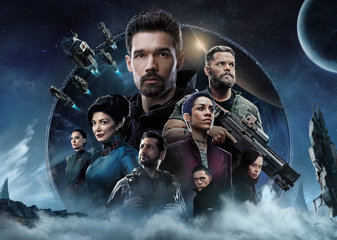 Promotional image showing the cast of the TV series The Expanse