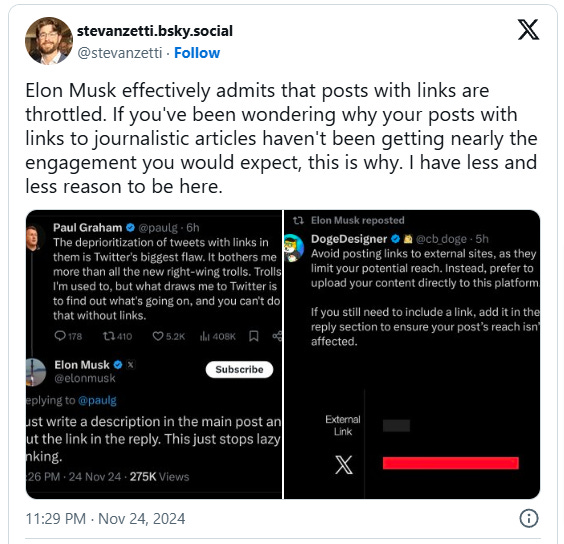 A tweet about Elon Musk deprecating links