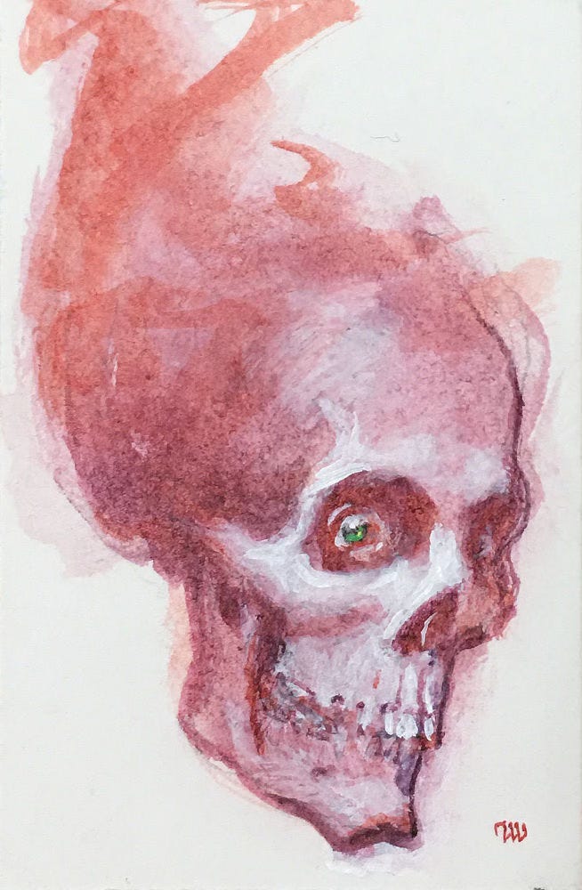 A skull with green eyes rendered loosely in watercolor style in pinks and reds. 