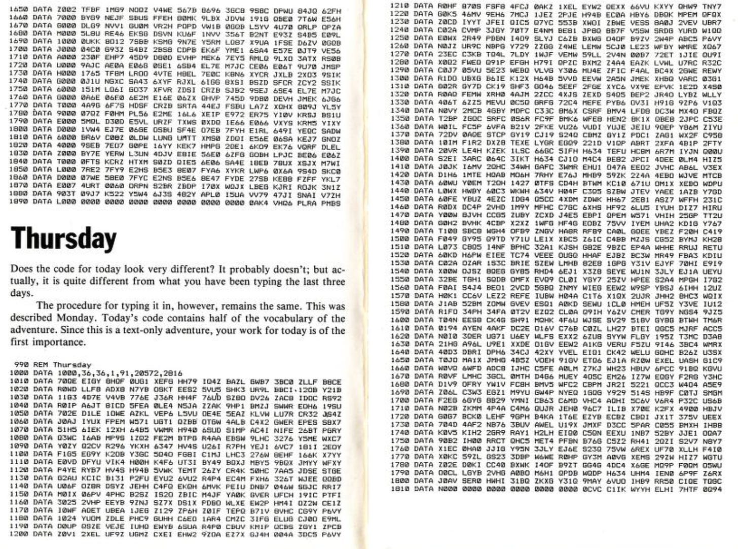 Scan from the book of "The Antagonists" showing dense coded data meant to by typed in by the reader. A header "Thursday" is followed by text beginning "Does the code for today look very different? It probably doesn't; but actually, it is quite different from what you have been typing the last three days."