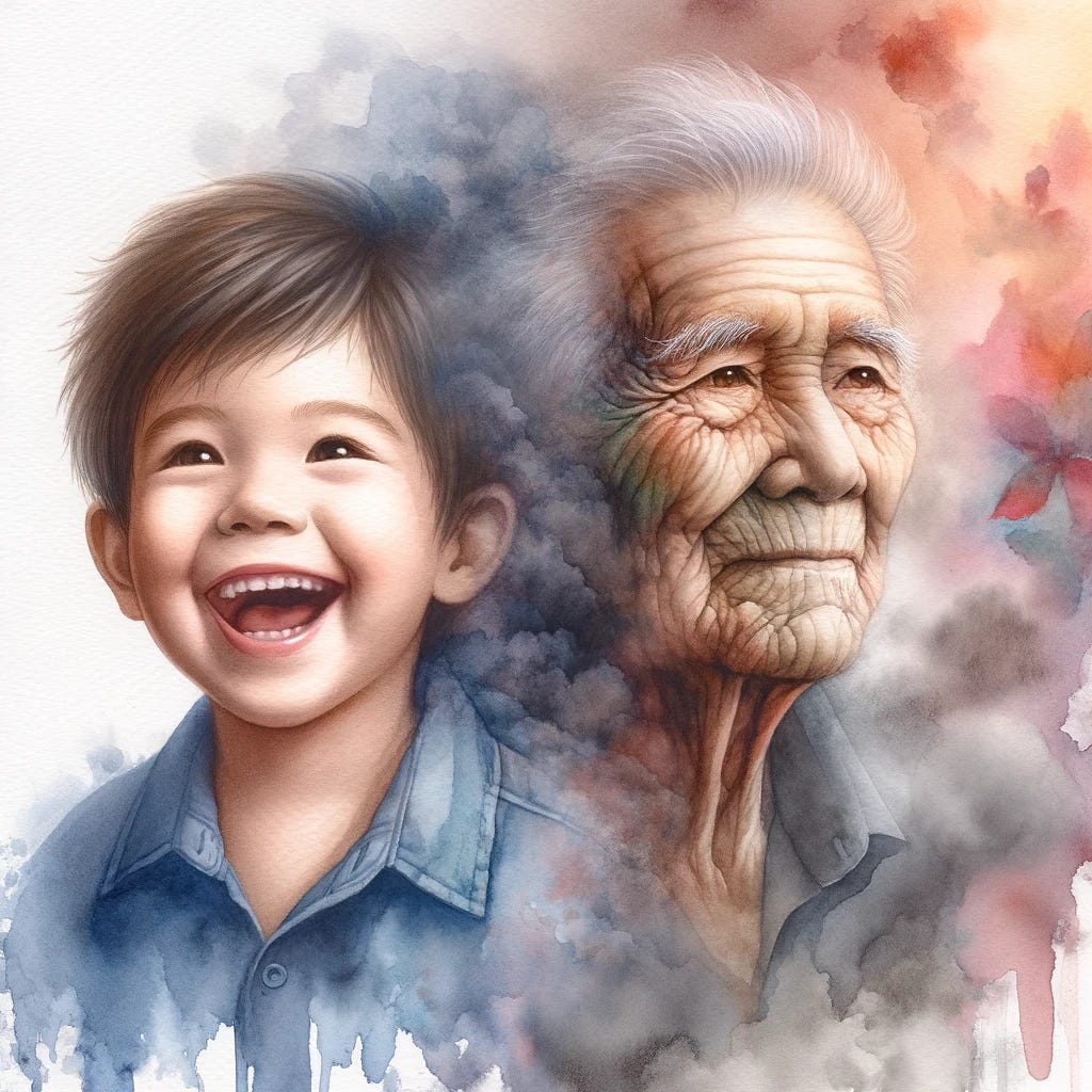 Watercolor painting of a gleeful child with a radiant smile. As the image transitions, the child's features blend into an older, melancholic version of him. The elder's expression carries a weight of sadness, with the surrounding environment becoming increasingly hazy and smoky, symbolizing the toll of pollution.