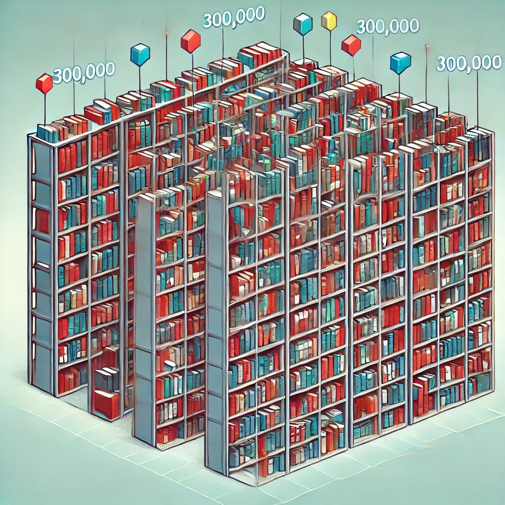 A visual representation of 17 bookshelves arranged in a neat grid pattern. Each bookshelf is full of books and symbolizes a large quantity of data tokens, with each bookshelf representing 300,000 bookshelves in total. The bookshelves are standard size, with each shelf holding many colorful books. The background is simple to highlight the bookshelves.