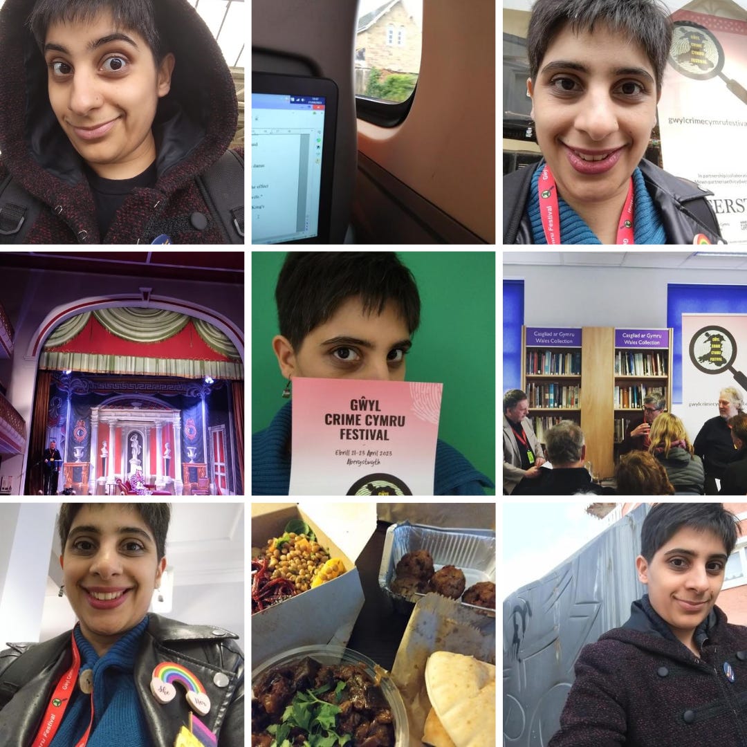 Photographs: Rosie in hooded coat; laptop and train window; Rosie with GCCF banner; panel in theatre; Rosie with GCCF programme; panel in library; Rosie with Pride badges; Moroccan food; Rosie with book statue
