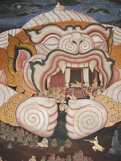 Painting of a large white monster with his mouth and arms on the ground. He is trapping the much smaller human warriors with his arms and scooping them into his open mouth. Much of the painting glitters with gold leaf paint.