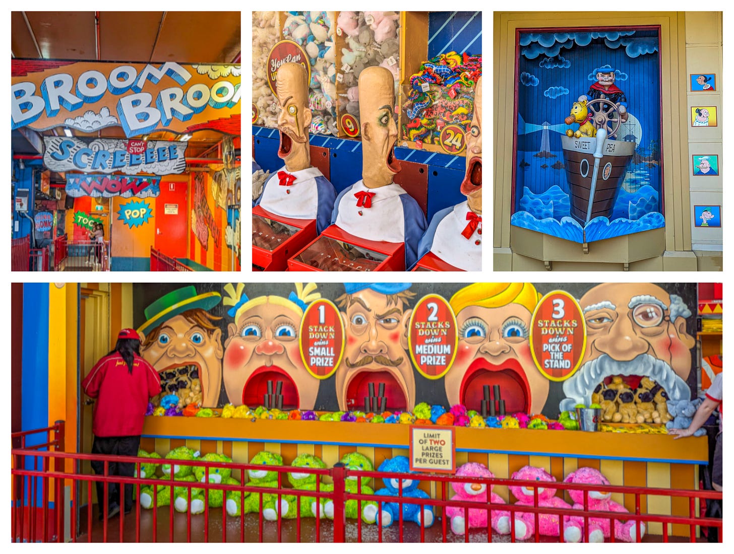 Collage of retro images including Popeye, as well as arcade games like the beanbag toss, and water pistol balloon race. 