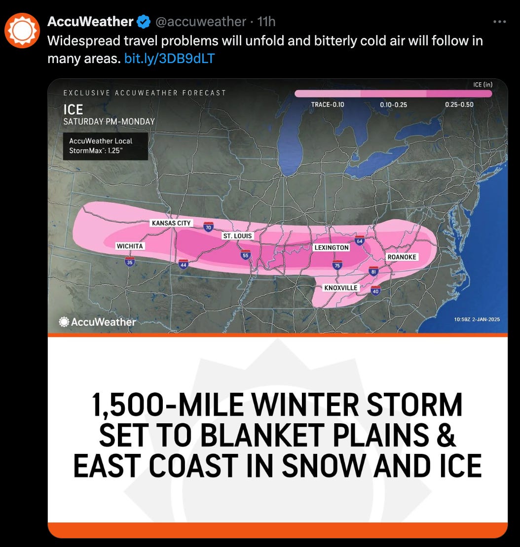 A tweet from @accuweather mentioning a 1500 mile winter storm along with an extremely phallic weather system overlaid on the central US