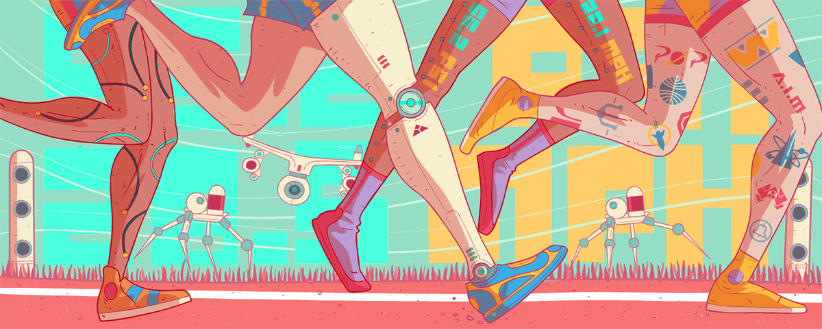 Closeup of the legs of four runners on a running track. Each leg has flashing animations 