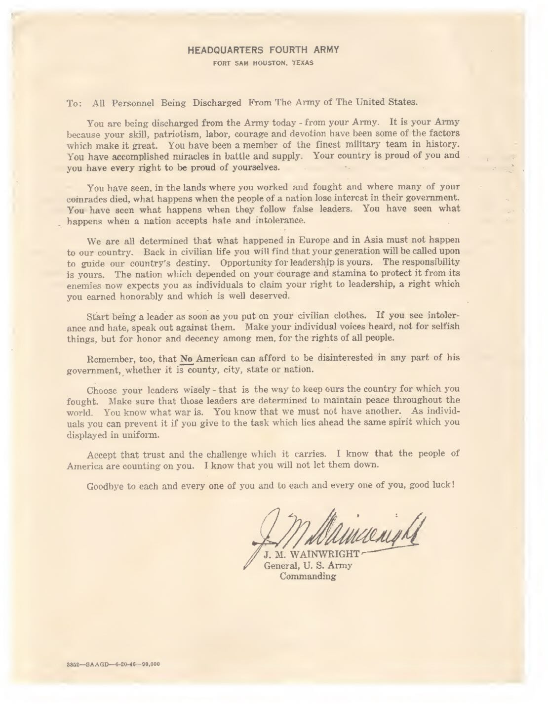 Photo by Rebekah Gleaves Sanderlin on August 01, 2024. May be an image of text that says 'HEADQUARTERS FOURTH ARMY HOUSTON. TEKAS To: All Personnel Being Discharged From The Army diacharged The the labor, today- great. accomplishe States, miracles Army. have battle your Army have team istory. and worked when fought where many intercat follow intolerance, determined have happened lestiny. depended individuals honorably and right deserved. against decency which that government, whether If heard, people. , Icaders afford disinterested state nation. displayed you give the Acep that trust America the same whicl know you to each one carries. know that the people of them every of you, good luck! IMdlaiaenighl WATNWRIGHT General, Army Commanding BOACO-4-20-4-60,'.