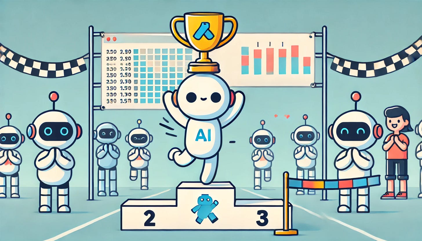 A cartoon-style illustration of an AI robot crossing the finish line in a race, holding a trophy on its head, with stylized rows and columns in the banner of the finish line. Other AI robots are cheering in the background.