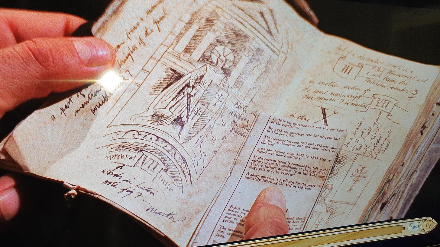 Diário de Indiana Jones com anotações, papéis e desenhos feito à mão.