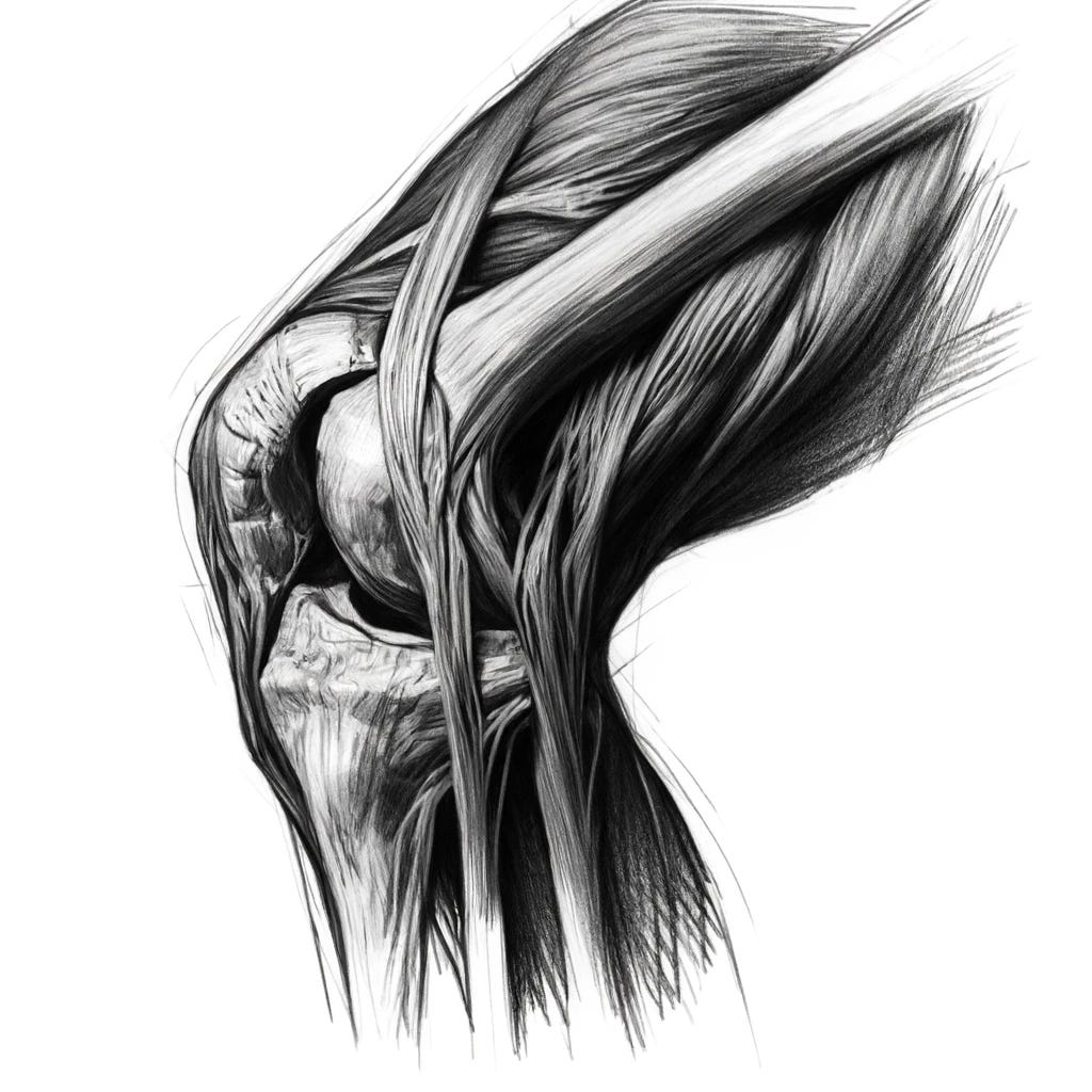 A rough, unfinished black and white sketch in pencil style, depicting the tendons and ligaments of the human knee. The drawing should convey an early stage of artistic process, with loose lines, minimal shading, and visible sketch marks. This style should suggest that the artist is still exploring the form and structure of the knee joint, providing a glimpse into the creative and anatomical study process. The image should capture the dynamic nature of sketching, with some areas more defined and others merely suggested.