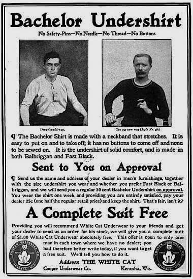 The Bachelor Undershirt - marketed to bachelors who couldn't sew or replace  buttons- 1904 : r/vintageads