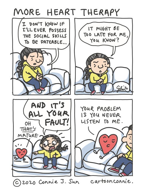 More Heart Therapy Comic illustration about learning social skills for dating in therapy with a cartoon heart, emotions, blaming, by connie sun, cartoonconnie