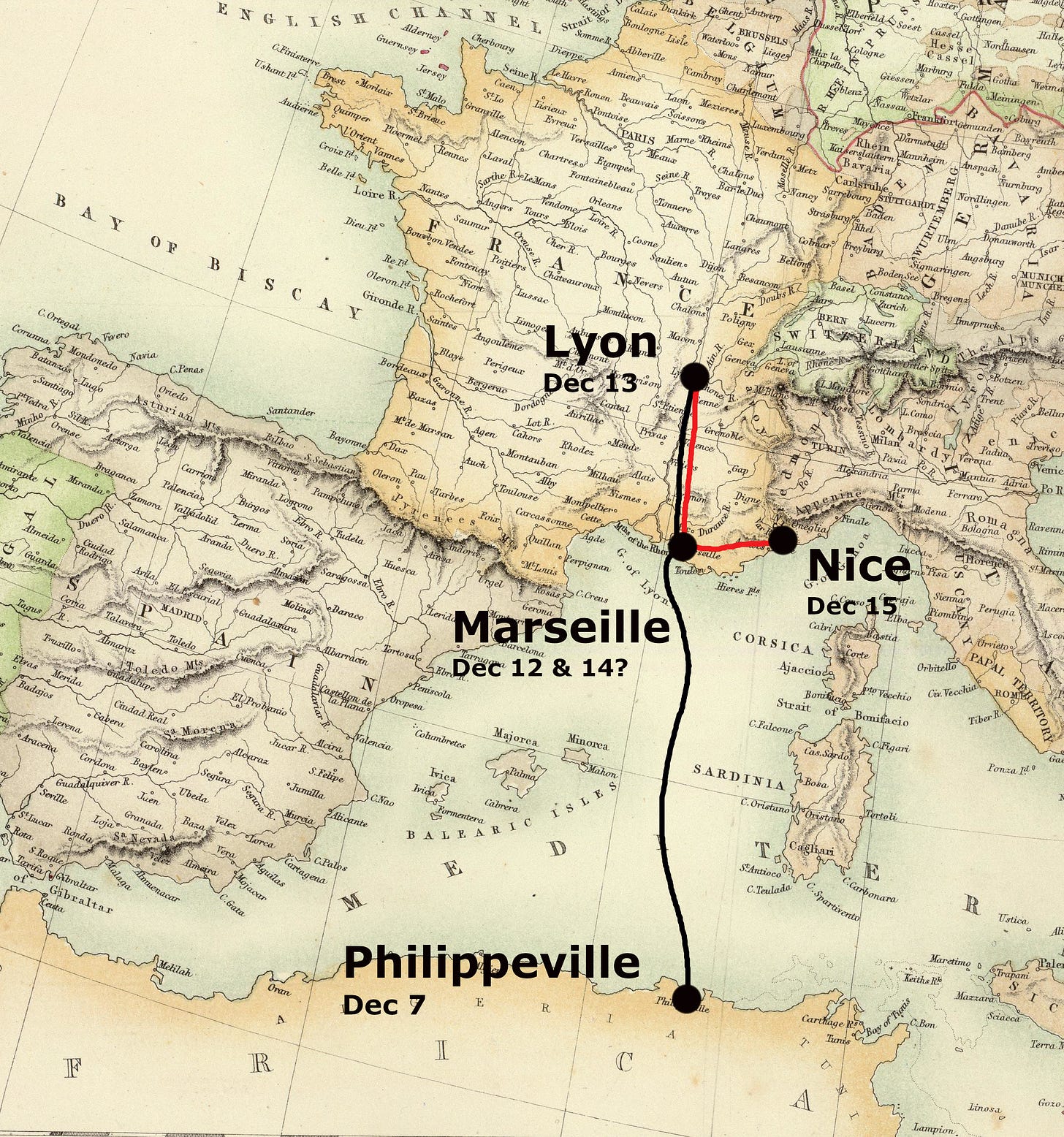 Map showing travels of this letter