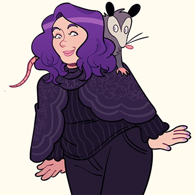 a cartoon image of a fat femme person with purple hair and a cartoon opossum on their shoulder