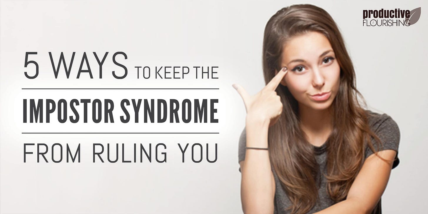 Image of a woman pointing to her head. Text Overlay: 5 Ways to keep Imposter Syndrome from Ruling You