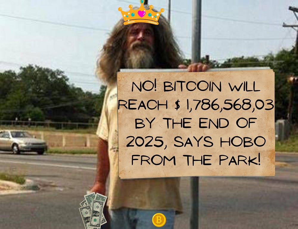 There is a homeless person commenting the price of the Bitcoin in the picture