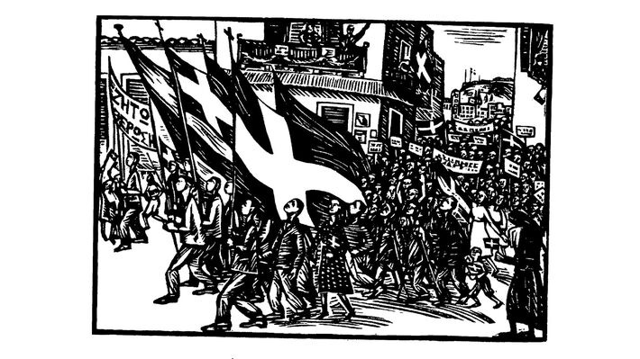 «Η Απελευθέρωση της Αθήνας», Βάσω Κατράκη, ξυλογραφία (1944)