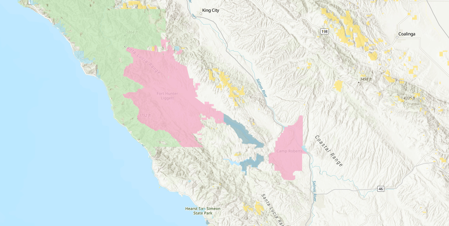 A map of the Central Coast of California showing the location of Fort Hunter Liggett.