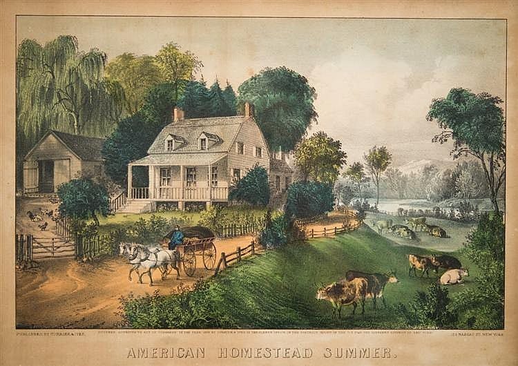 Lot - CURRIER & IVES , (American, 19th century), AMERICAN HOMESTEAD SUMMER  and A HOME IN THE WILDERNESS, two framed lithographs, each: ima...