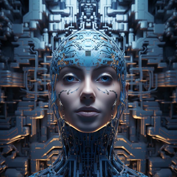 A depiction of artificial intelligence with a woman whose body is circuitry.