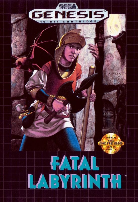 The North American box art for Fatal Labyrinth, which features a close-up of a lone wanderer carrying an axe, wearing light armor, and looking suspiciously at his surroundings.