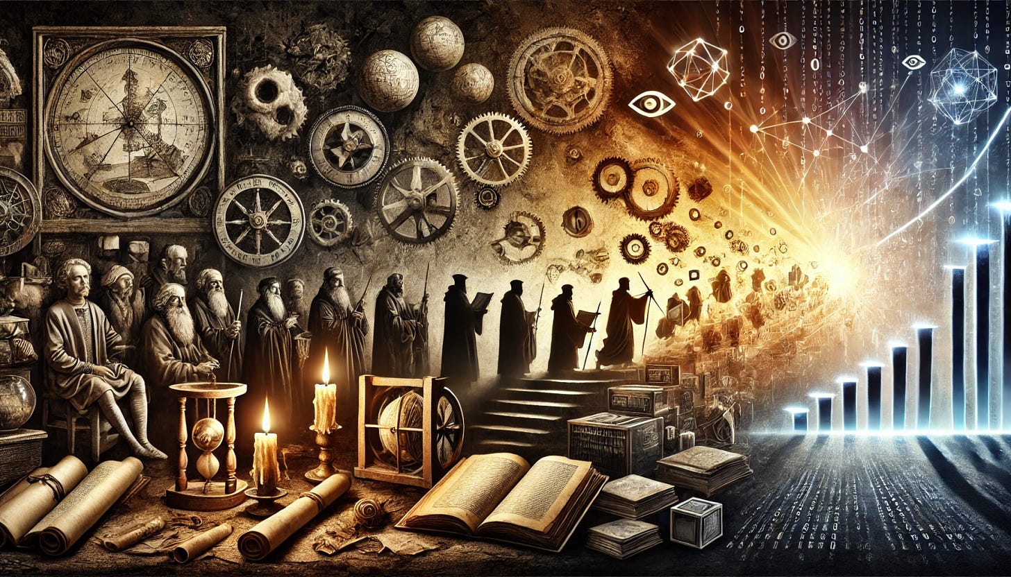 A conceptual image representing the move from the Dark Ages to the Renaissance to the Enlightenment in relation to data. On the left, a dark, shadowy scene with ancient, crumbling scrolls, broken gears, and faint candlelight symbolizing the limited access to knowledge. In the center, the scene transitions to the Renaissance with brighter light revealing early scientific instruments like globes, compasses, and scholars holding open books, representing the rediscovery of knowledge. On the right, the Enlightenment era with a bright, radiant sky, featuring geometric patterns, early graphs, and lines of binary code flowing upwards, symbolizing the rise of data and modern information. The background shifts from darkness to light, with abstract symbols of modern data (cloud icons, network nodes) subtly visible in the distance.