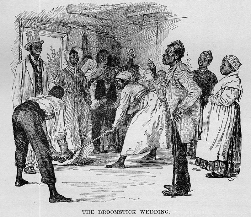 black and white sketch depicting a Black wedding during the 18th or 19th century. Two people are bent down, holding a broom in front of the bride and groom.