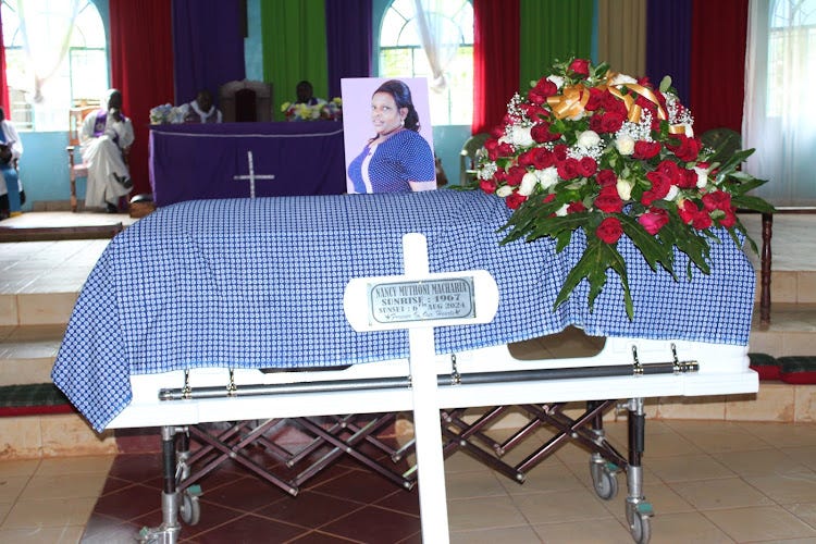 Nancy Muthoni's casket covered with a Mothers' Union clothe at ACK Gikoe church on August 17, 2024.