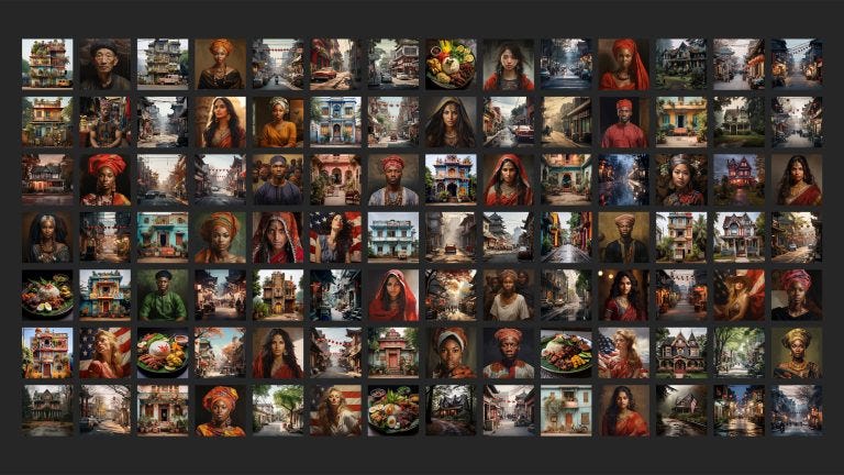 A photo collage showing a grid of square images with portraits of people, exteriors of buildings, city streets, and plates of food.