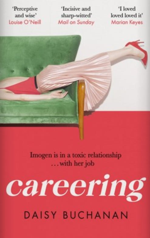 Book cover for Careering by Daisy Buchanan. A woman in a bright pink vest and pale pink skirt lying face down on a green velvet sofa.