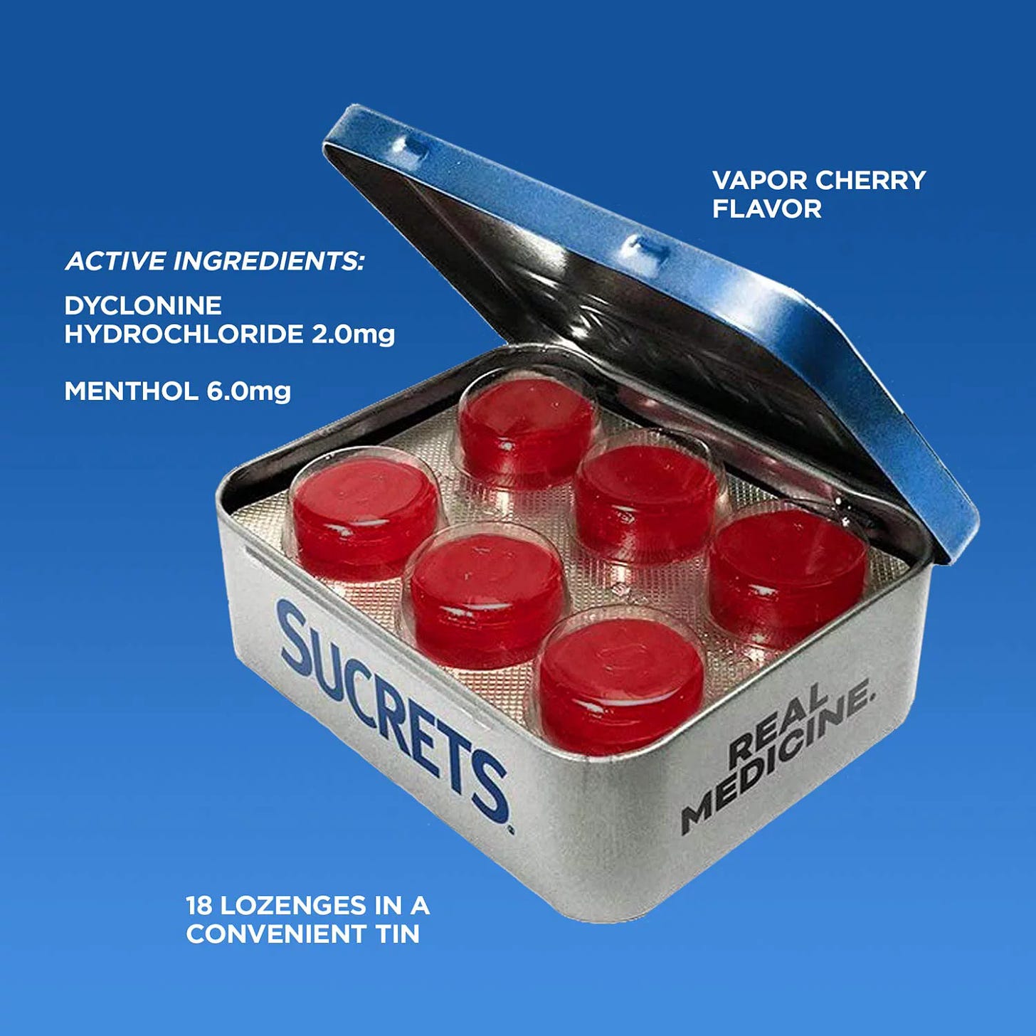 An ad for Sucrets. They're in a blister pack in a metal tin. The ad says their flavor is "VAPOR CHERRY FLAVOR" and mentions the active ingredients of dyclonine hydrochloride and menthol.