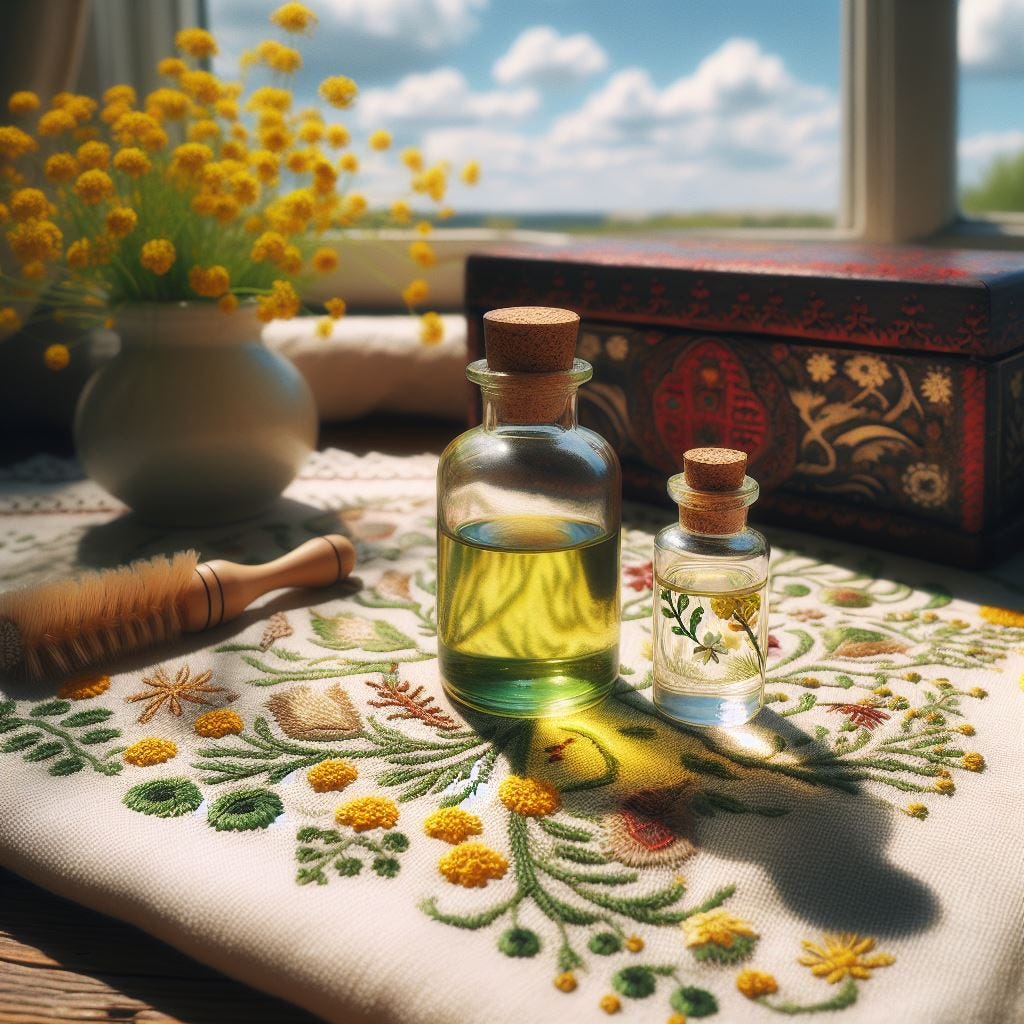 Tilt Shift: Close Up: Hyper Realistic photorealism small glass bottle of castor oil on a table with a textural table cloth with embroidery on it. The table cloth is cream with green, chartrues and gold embroidery on it. Tiny yellow flowers on cream table cloth with wood table showing next to window. masculine dark wood wooden box with dark red painted design on it.  beautiful sunny day with fluffy clouds in the sky.