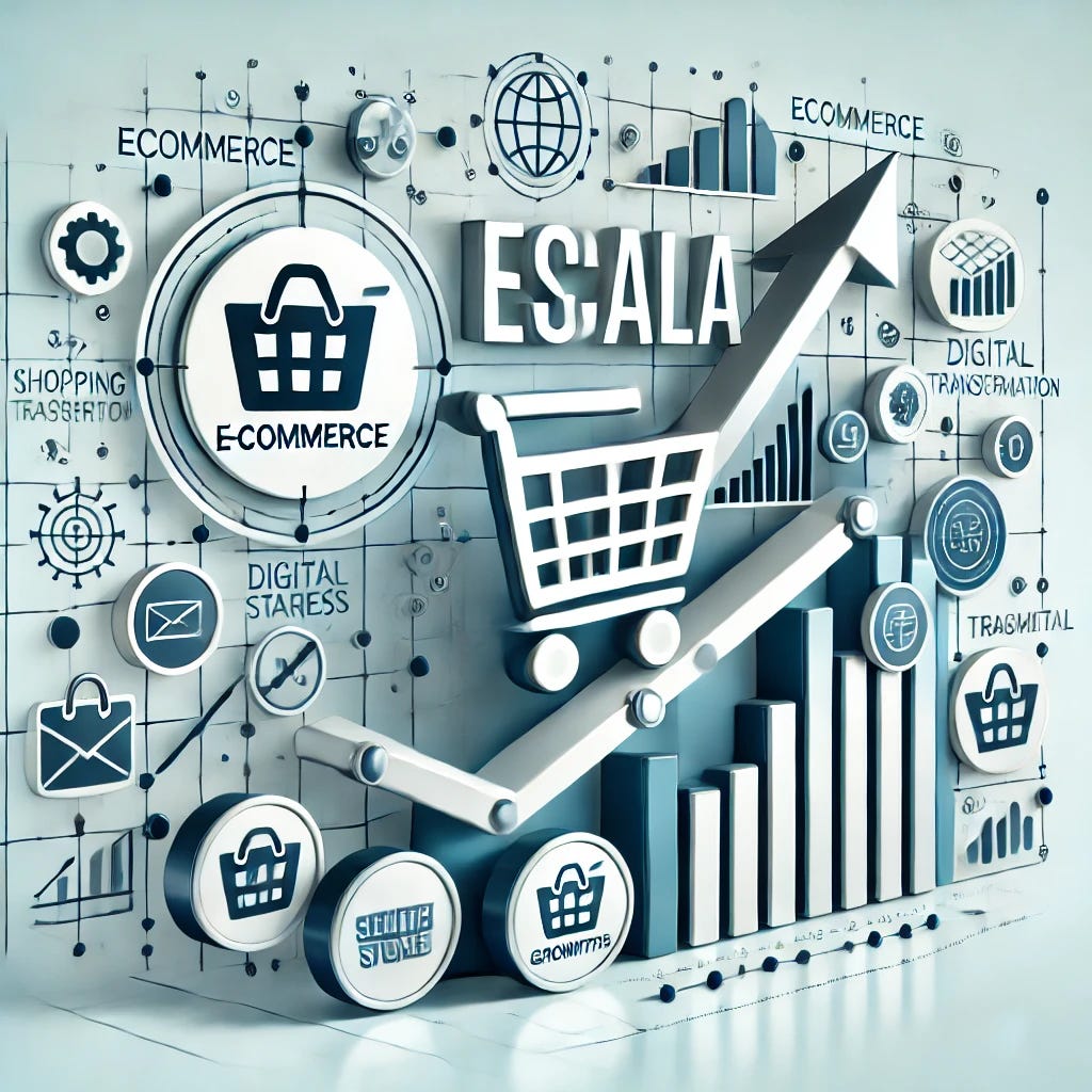 A clean and modern image that includes the words 'ecommerce' and 'escala' with visual elements representing online sales. The design should feature shopping carts, digital store icons, growth charts, and symbols of scaling a business, like arrows pointing upwards. The overall look should evoke the concept of growth and digital transformation in e-commerce, with a professional and engaging style, using shades of blue, green, and white.