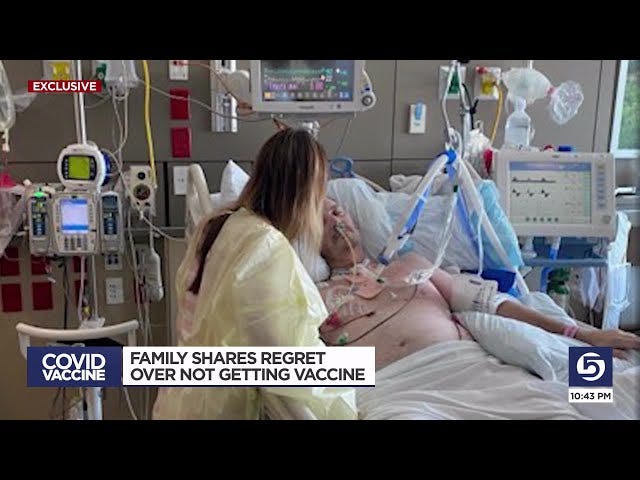 image: screencap of a utah news broadcast of a man dying on a ventilator, with the headline: "family shares regret over not getting vaccine"