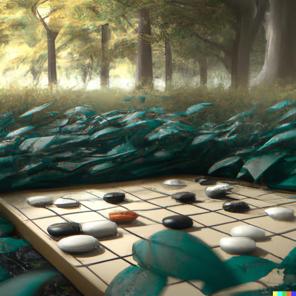 DALL·E 2023-03-07 14.34.45 - a board of the game of go being overgrown by a forrest, digital art.png