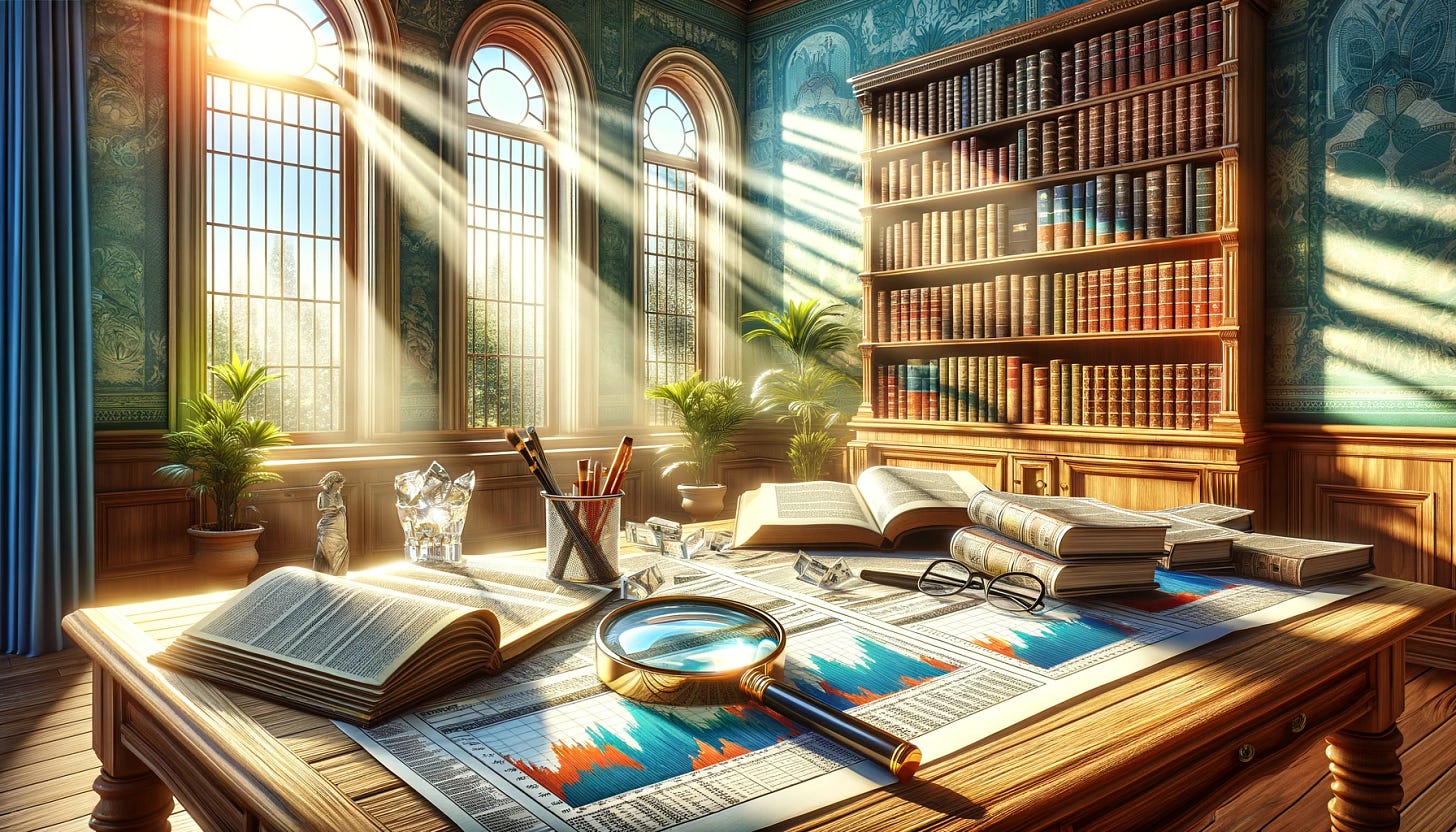 A bright, clear, and horizontal illustration capturing the traditional and timeless essence of stock investment analysis in a classic setting. This scene unfolds in a sunlit study room, where the light streams in through large windows, bathing the room in natural light. The scene features a large, oak desk covered with financial newspapers, open ledgers, and vibrant, detailed charts of stock performances. A crystal-clear magnifying glass lies atop one of the ledgers, emphasizing the focus on detailed examination. The room is decorated with bright, cheerful colors, making the space feel welcoming and invigorating. An open bookshelf filled with financial tomes and classic literature adds depth and character to the room, creating an atmosphere of wisdom and serene study. This image conveys a sense of clarity and optimism in the meticulous process of analyzing and selecting stocks, reflecting a blend of tradition and insightful investment strategy.