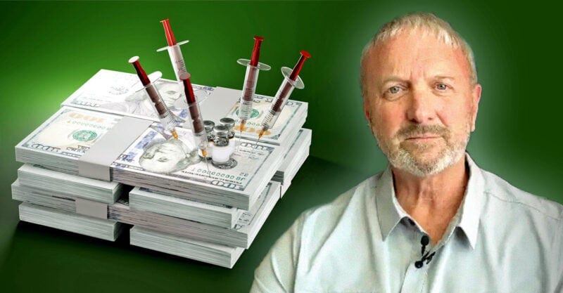 dr. paul thomas and stack of money with vaccines on top