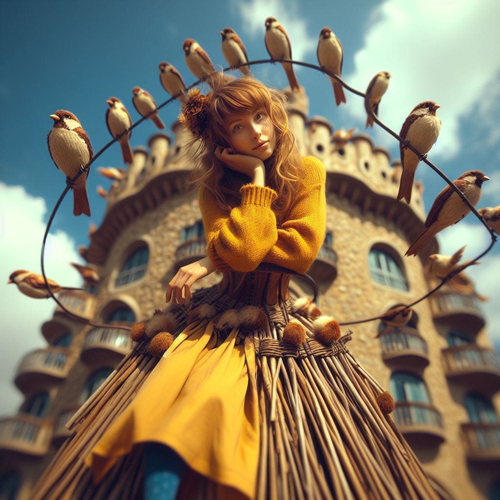  Tilt shift; hyper realistic, lensbaby Casa Batllo Barcelona Spain sparrows made of sticks on the outside of the building. honey brown haired middle aged Woman wearing yellow jumper with wooden stick hoop skirt with a few brown feathers stuck between the sticks in the skirt. naples Yellow silk pants under skirt. Brown feathers in her hair. Blue socks with brown embroidery on her feet. She is leaning into camera.  Fluffy clouds in a sunny sky. sky made of silk.su