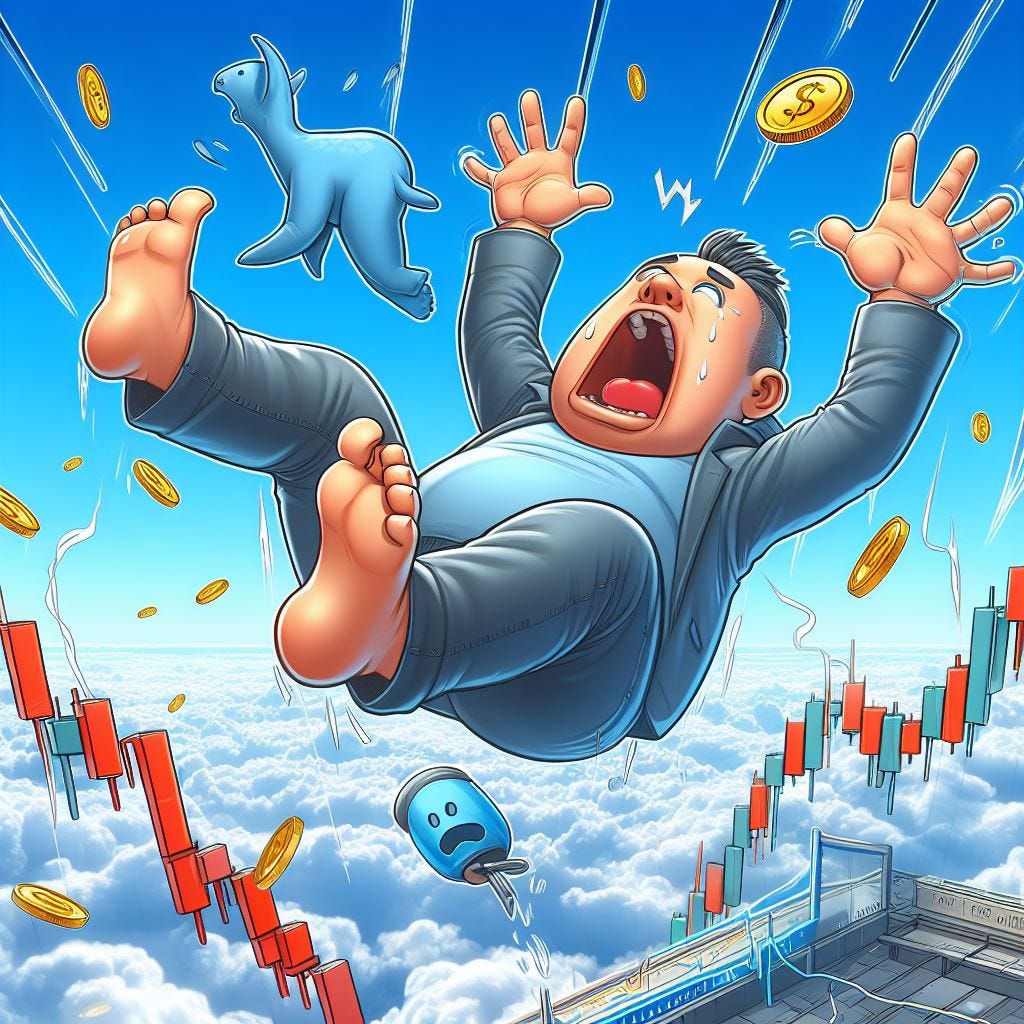 a cartoon charachter linked to the stock market falling freely in the sky and screaming.