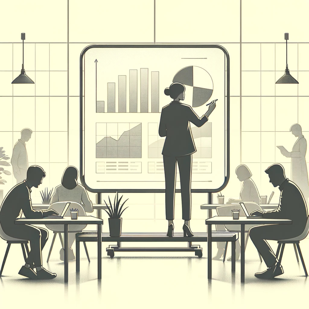 Create a minimalist grayscale illustration of a person working on marketing campaigns. The setting is an office environment with a very light off-white, almost white background with a subtle hint of yellow. The person is focused on a large board or digital display showing a bar graph or pie chart. The style of the drawing should be clean and simple, emphasizing clarity and a modern aesthetic.