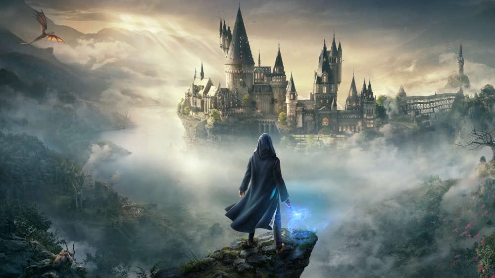 A wizard looking at Hogwarts in Hogwarts Legacy