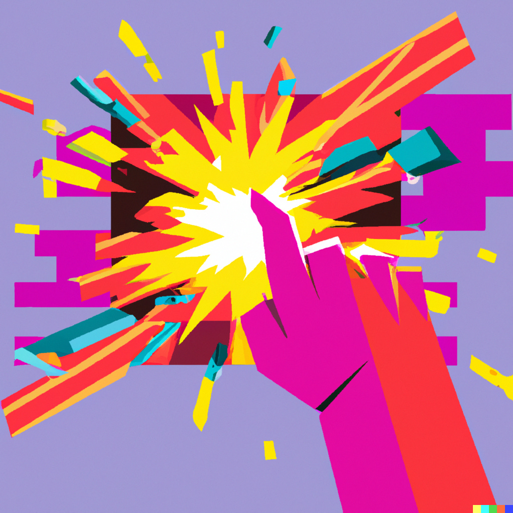 A stylized representation of a hand tapping a volatile user interface on a screen, causing a dramatic explosion