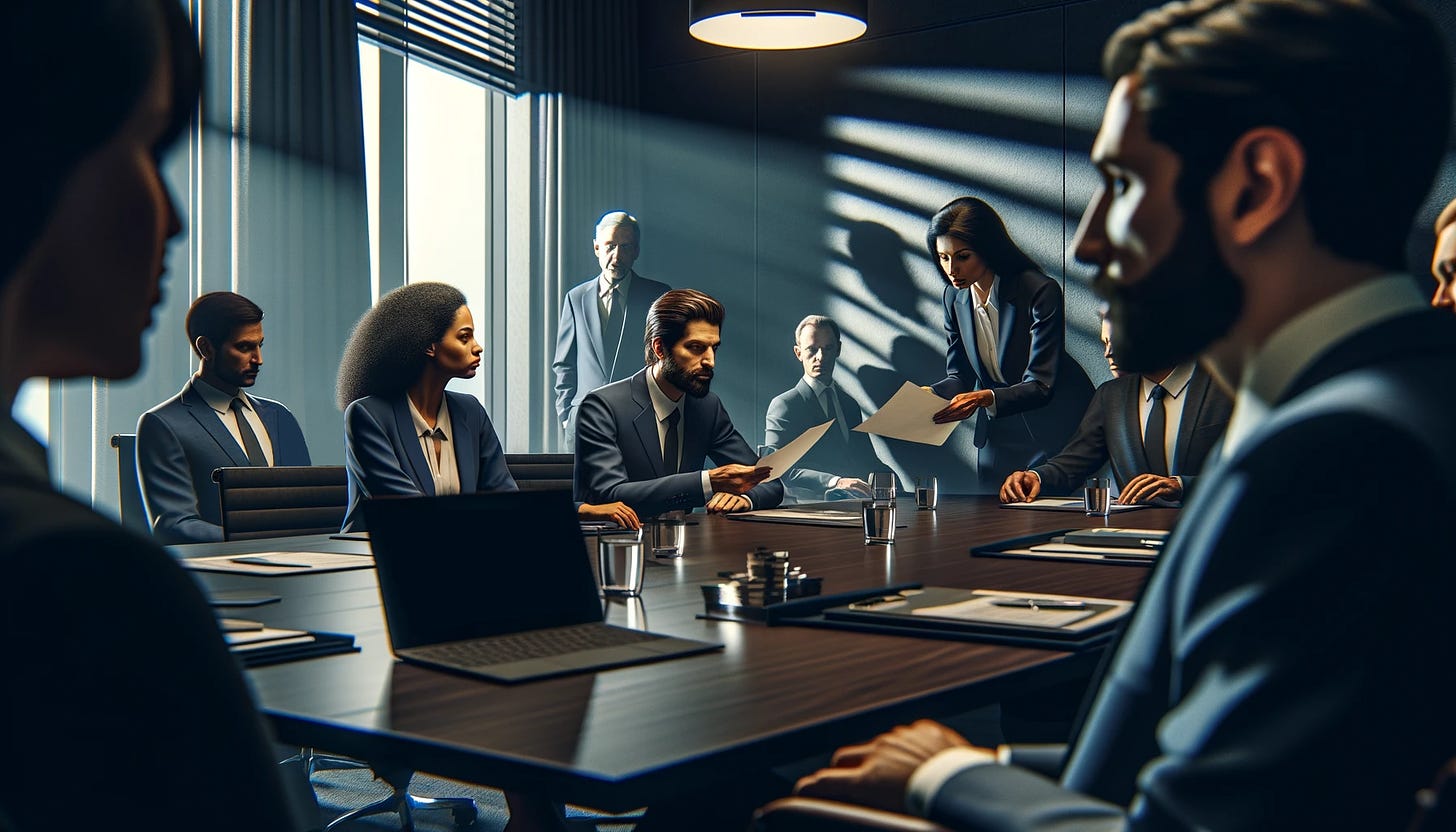 Business meeting in a conference room with diverse attendees, showing secretive document exchange and observant expressions, conveying hidden motives