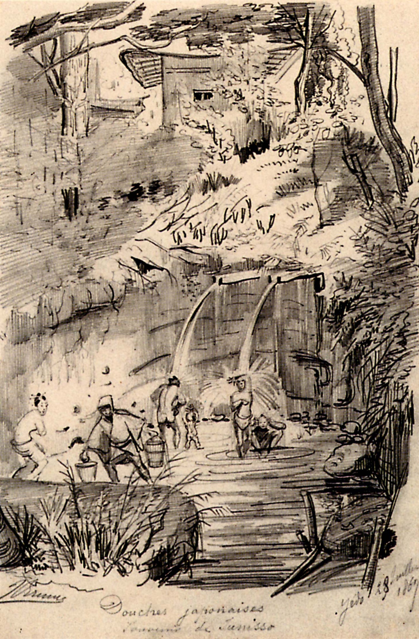 Sketch by Jules Brunet of people washing themselves at the Kogane Taki in 1869