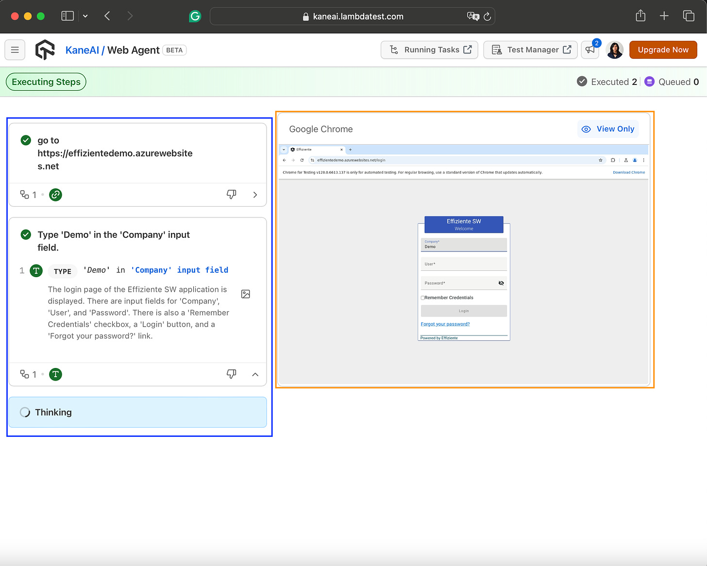 In the KaneAI playground you can see in the left side your steps and in the right side a chrome browser executing your tests