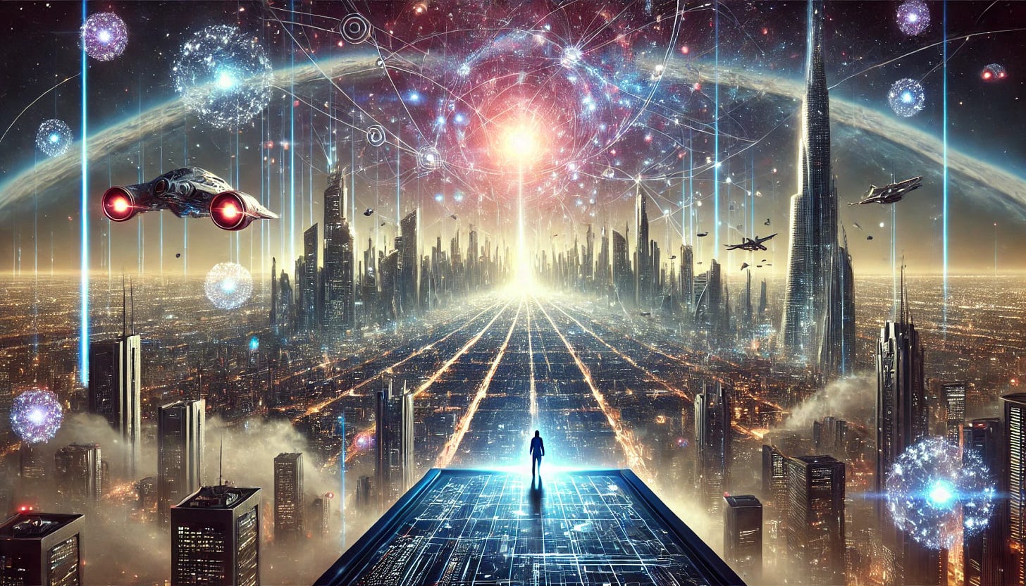 A futuristic landscape titled 'Final Thoughts - The Future,' depicting a visionary scene of AI-driven progress. A glowing city skyline with sleek, advanced skyscrapers and flying vehicles stretches into the horizon. In the foreground, a figure stands on a digital platform, gazing at a vast network of interconnected AI neural pathways. The sky is illuminated with a surreal blend of cosmic lights and data streams, symbolizing the limitless potential of the future. The title 'Final Thoughts - The Future' is subtly integrated into the digital environment.