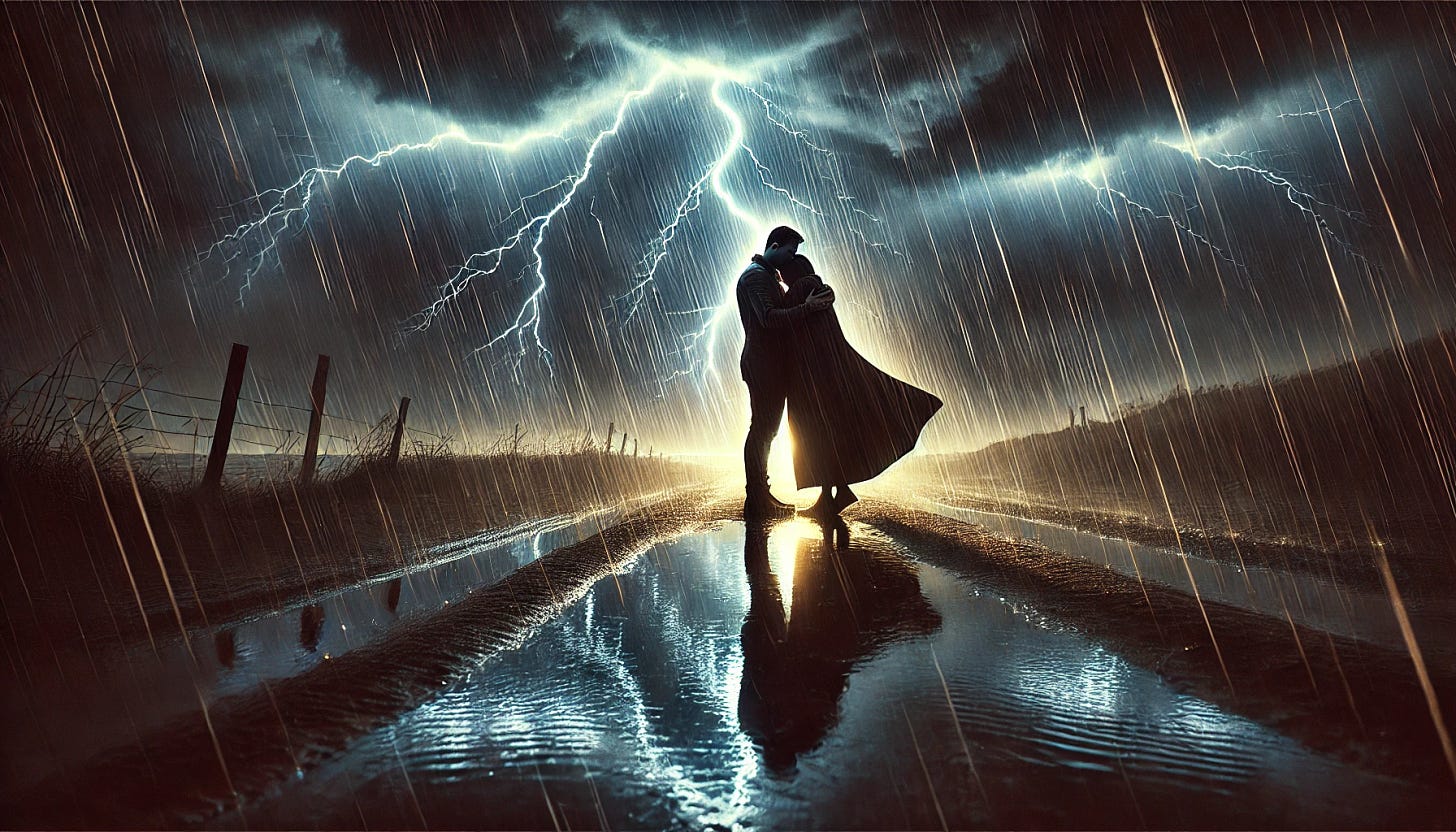 A photograph of two figures standing together in a thunderstorm, embracing each other, one sheltering the other with a coat, lightning illuminating the scene. The stormy sky above them is dark and ominous. The ground is wet with puddles, reflecting the lightning. Dramatic lighting with strong contrasts between light and shadow. High-contrast photography, cinematic lighting, rain effects, reflections, dynamic composition, realistic texture, motion blur for raindrops, post-storm atmosphere, emotional intensity.