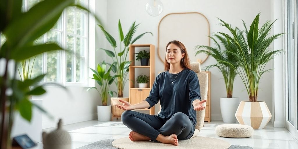 Calm professional practicing mindfulness in a serene workspace.